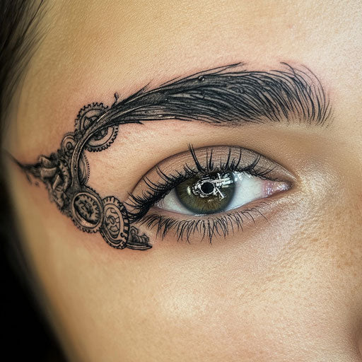 Eyebrow tattoo with mechanical gears and steampunk details