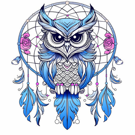 Owl on dream catcher, feathers surrounding, bold outlines & ornate style