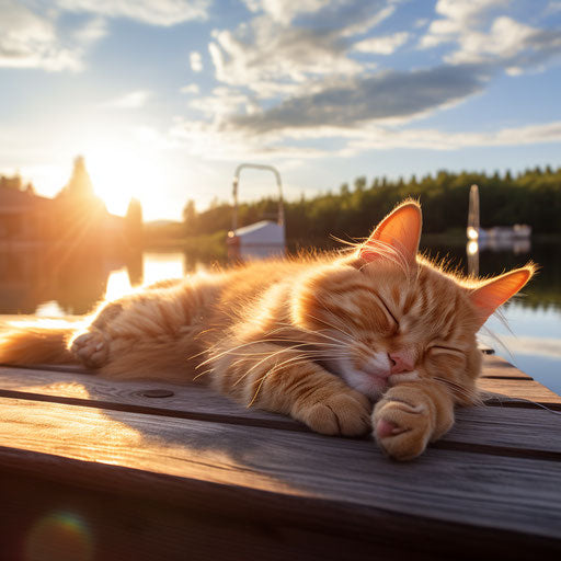 Orange cat lying on a dock