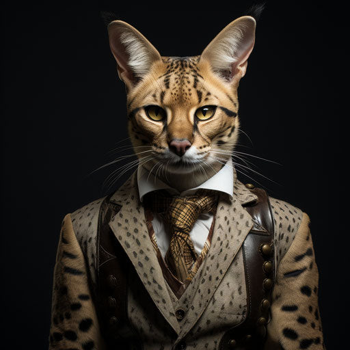 A serval cat dressed like a man