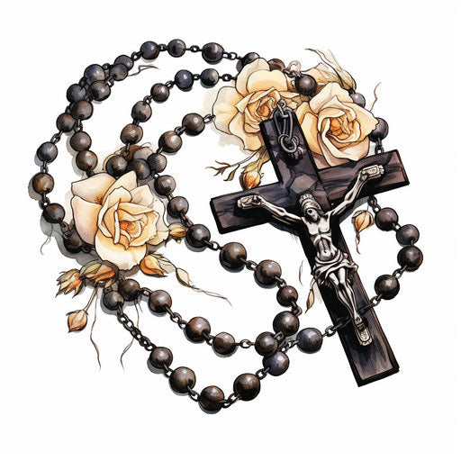 Rosary image in the style of Chiaroscuro Art, on white background