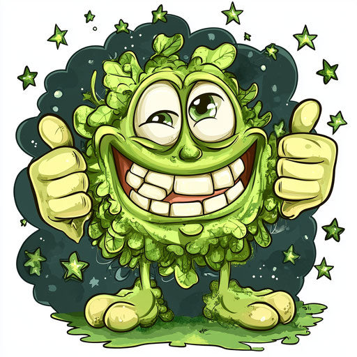 Humorous caricature of a greenery clipart image with human characteristics, exaggerated grin teeth, toes, stars, vibrant colors, cartoon style, thumbs down, high-resolution, no background, isolated