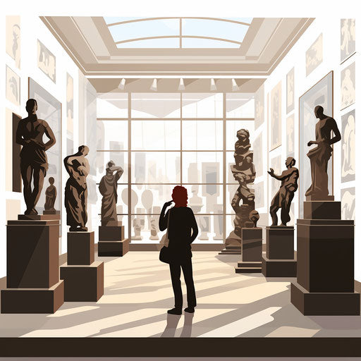 Illustration of museum in Chiaroscuro Art style, on white background