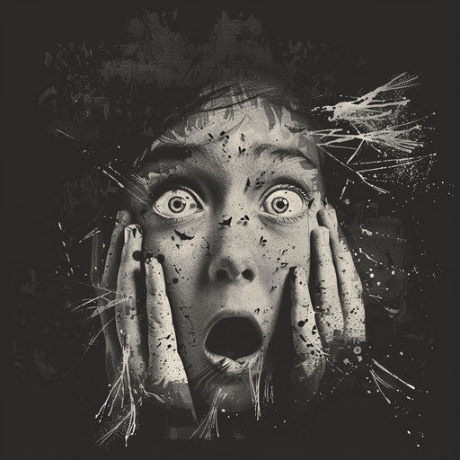 Surprise illustration in realistic style on flat dark charcoal background, accentuating dramatic contrast and intricate detail