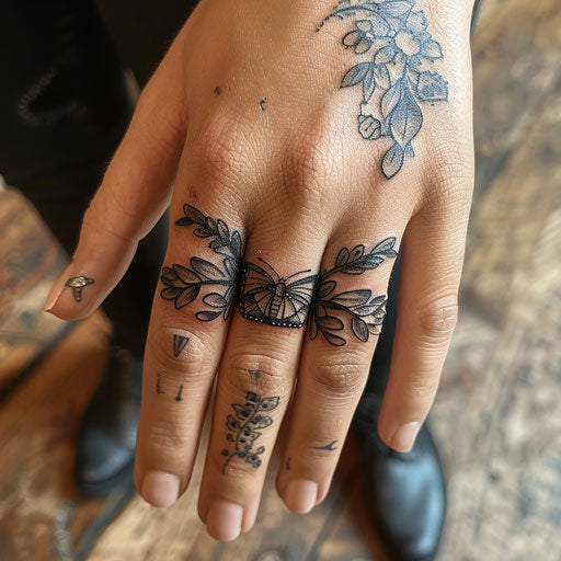 Butterfly and leaves ring tattoo, Maria Sibylla Merian style, on finger