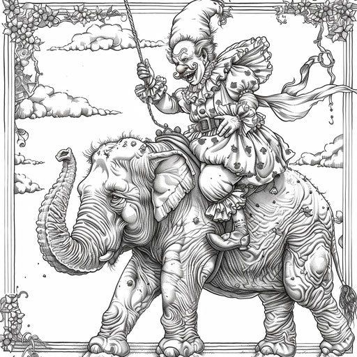 A clown riding an elephant. Detailed coloring book page