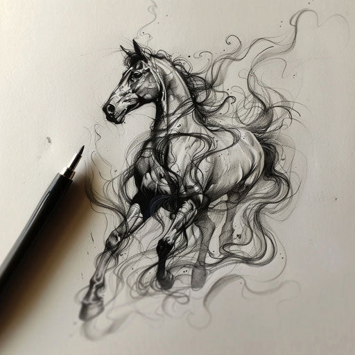 Dynamic flat tattoo sketch of a galloping dark horse with abstract smoke trails
