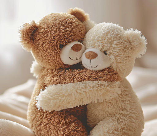 Two teddy bears hugging each other for the heart