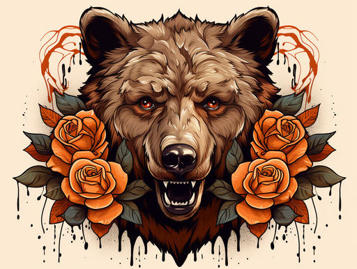 Bear design on brown bg with roses and arrows, strong expression