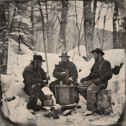 Ferrotype photograph of mountaineers in the Appalachians drinking around a copper still in the snow