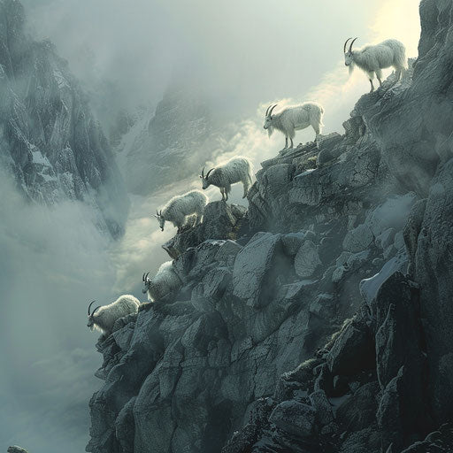 Mountain goats in a surreal misty mountain landscape