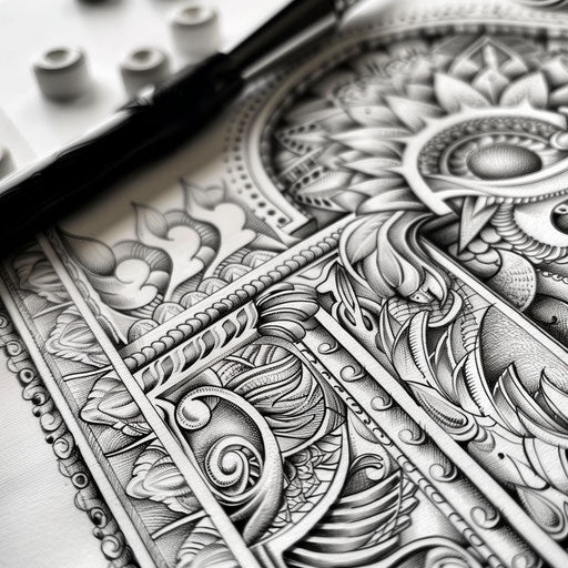 Detailed sketch of a Kalinga pattern with fine line work and subtle shading