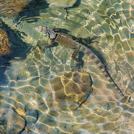 Iguana crossing a clear, shallow stream