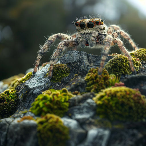 Adorable spider on a mossy rock