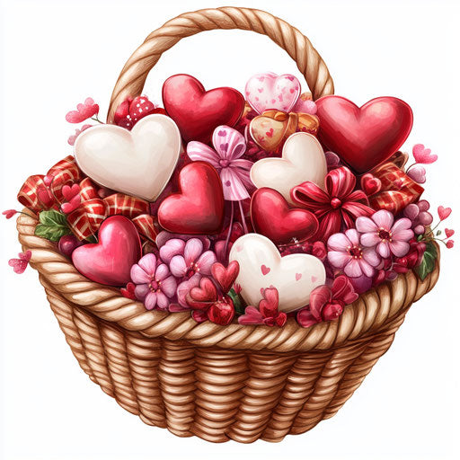 Basket of Valentine's Day hearts, flowers, and bows