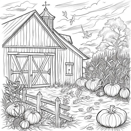 Whimsical scene of a barn during harvest time, with pumpkins and cornstalks.