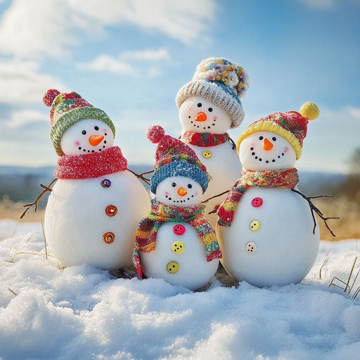 Whimsical snowman family in a snowy field