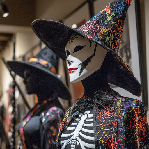 Spooky Halloween Costume with Witch Hat and Skeleton