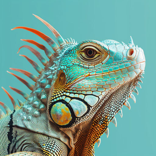 Realistic iguana clipart with teal flat background