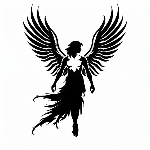 Guardian angel tattoo, silhouette style on white background