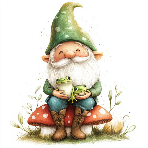 Adorable gnome with frog on green mushroom
