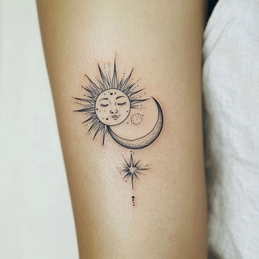 Minimalist sun and moon tattoo sketch in clipart style on elbow