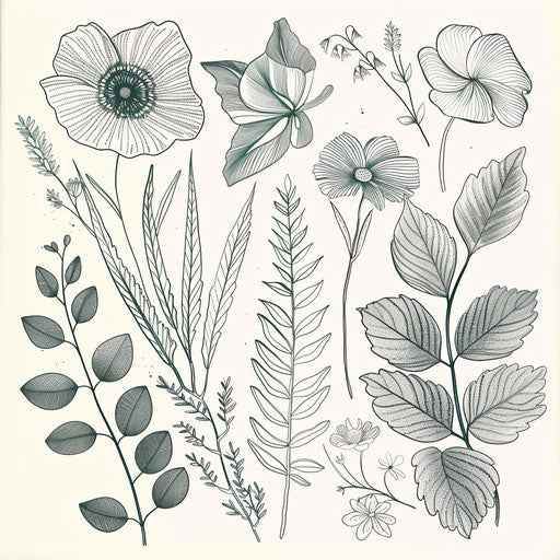 Botanical linework, variety of leaves and flowers on white