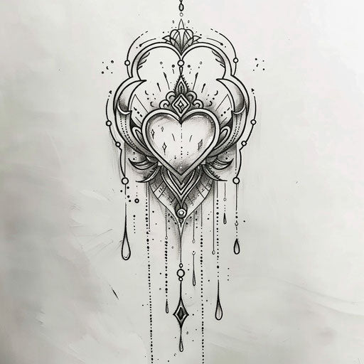 Flat tattooed crying heart with Art Deco style embellishments