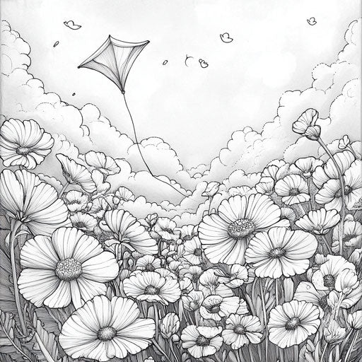 Whimsical kite above giant flower garden, Teagan White style, Coloring page