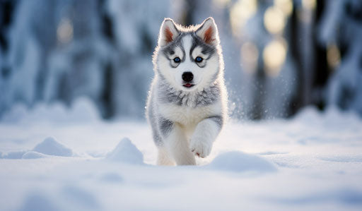 Siberian husky puppy walking in the snow