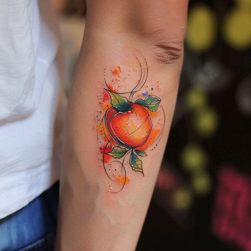 Vibrant flat tattoo sketch of a peach with watercolor effects