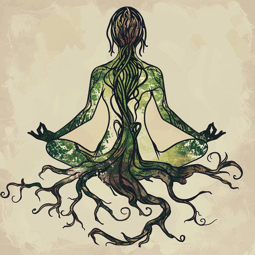 Symbolic tattoo sketch of a yogi with roots grounding into earth