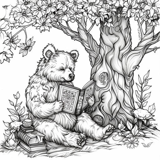 A whimsical brown bear reading a book under a tree