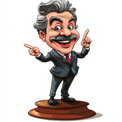 Humorous caricature of a work caricature clipart with human characteristics, exaggerated prominent chin, big hands, standing on a pedestal, vibrant colors, cartoon style, pointing, high resolution, no background, isolated