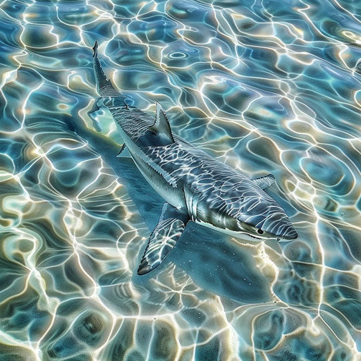 Great white shark swimming in crystal-clear waters