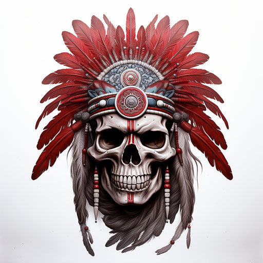 Indian skull tattoo on white background, Chassériau style, dark crimson and dark brown