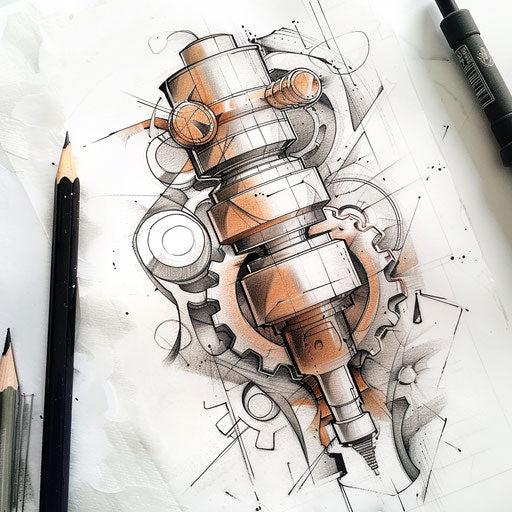 Dynamic flat tattoo sketch of a piston in motion with abstract steam and gear elements