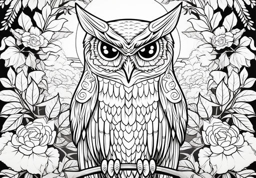 Coloring page with an owl and bird in a graphic style