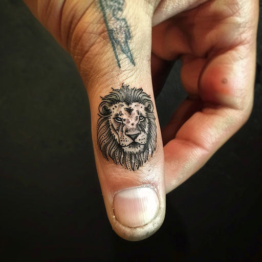 Finger tattoo with small lion head, Ami James style