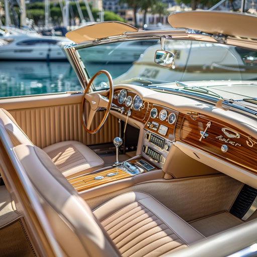 Luxury yacht-inspired Aston Martin DB6, with wood paneling and nautical details, showcased at a Monaco marina.