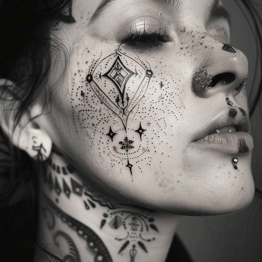 Freckle tattoos with tribal elements, in the style of Ami James
