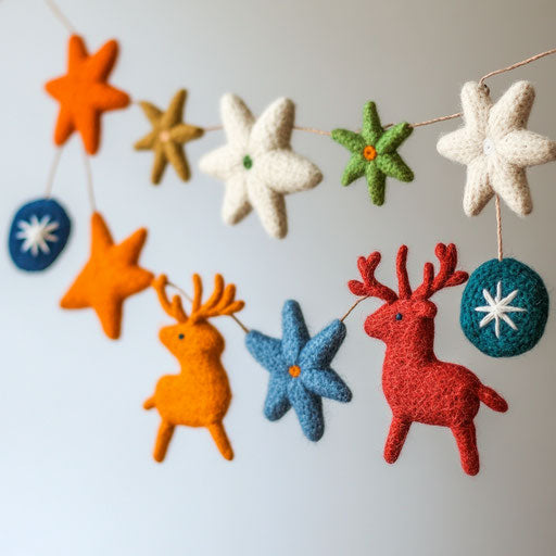 Whimsical felt garland in shapes hanging in child's room