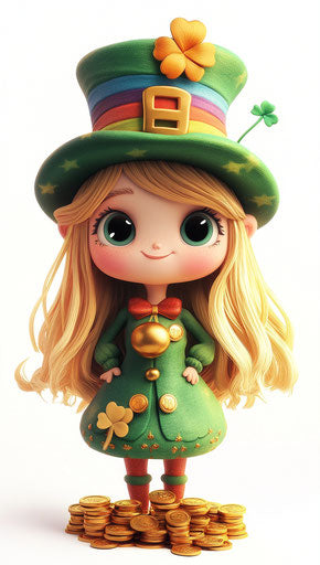 Cute girl in green with rainbow hat and pot of gold coins