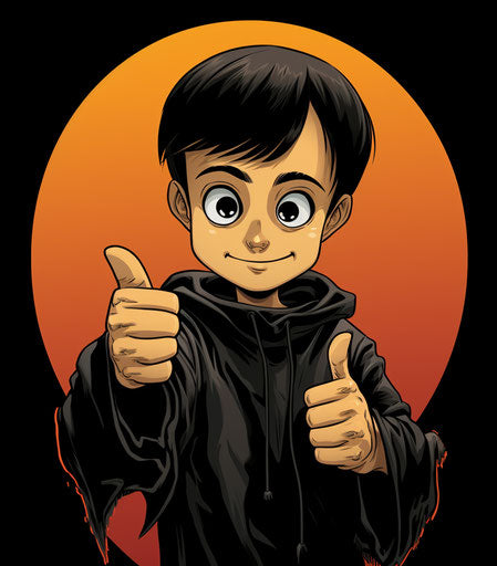 Boy in black with scythe thumbs up in haunting style