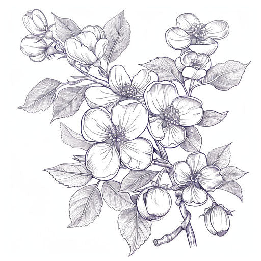 Detailed botanical illustration of an apple tree branch with flowers and fruit. Coloring book page