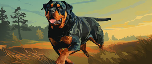 A rottweiler running on green grass, in dark orange and dark maroon style, exaggerated features 43:18