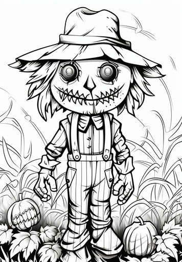 Scarecrow coloring page for children in primitivist style