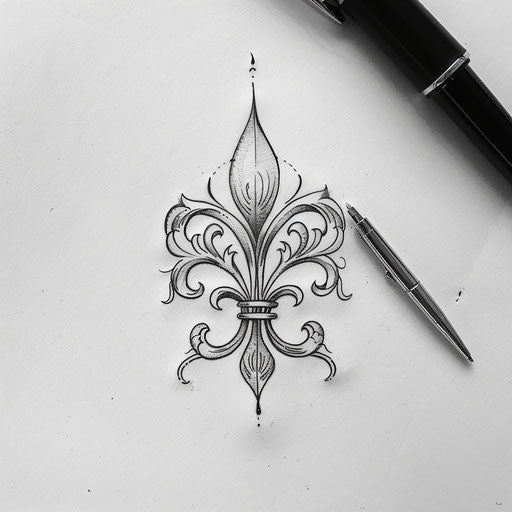 Minimalist tattoo sketch of a fleur de lis in single line art style with no fill