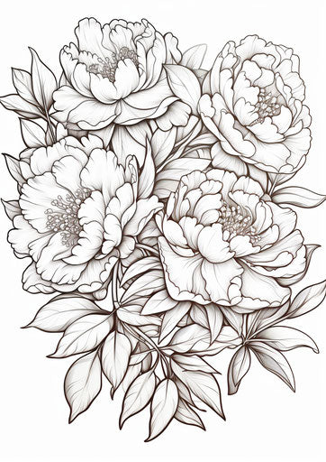 Coloring page with peonies and leaves, in realistic style
