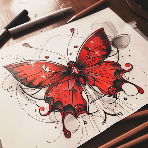 Neo-traditional tattoo sketch of a red butterfly